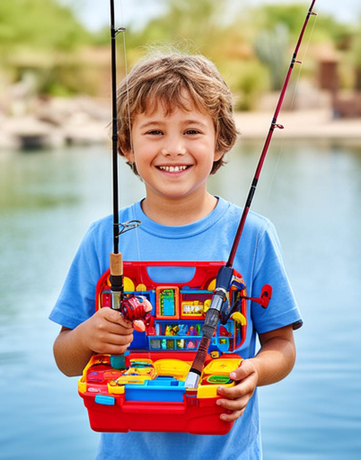 Child smiling while holding a colorful fishing rod and tackle box at a Phoenix pond